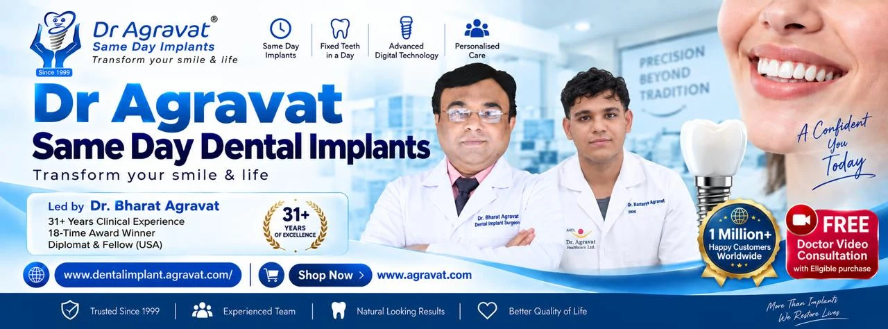 Dr Agravat Same Day Dental Implants — led by Dr Bharat Agravat, 31+ years clinical experience, 18-time award winner, Diplomat & Fellow (USA), with Dr Kartavya Agravat